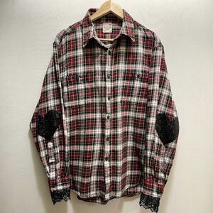 Love & Bambii Sequin Heart Lace Plaid Flannel Button Down Shirt - large